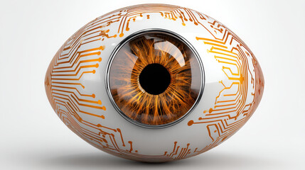 Futuristic eye design featuring intricate circuit patterns and vibrant orange iris, symbolizing advanced technology and innovation. This captivating image evokes sense of curiosity and wonder