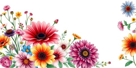 Wildflower bouquet watercolor corner design, blank invitation card template, vintage, art