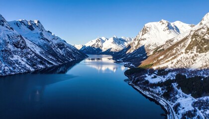 Snowy Fjord Aerial View with Norway.