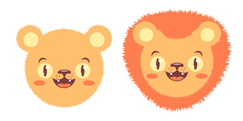 Vector set of lion head for baby room decor. Male and female lion head for kids.