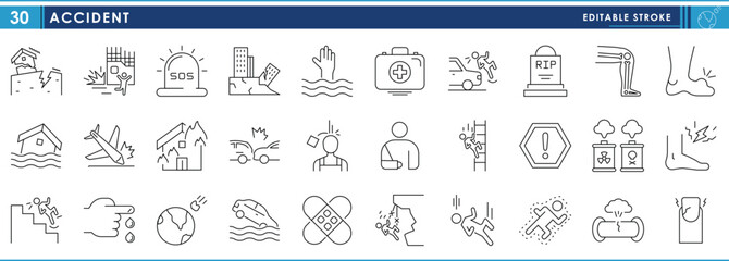 A set of line icons related to Accident. Accident, injury, fatal, rescue, and so on. Vector editable stroke.