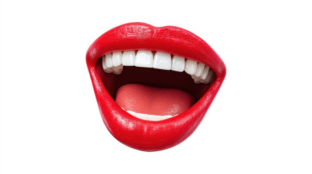 Vibrant, animated mouth with bright red lips and wide smile, showcasing white teeth and playful tongue sticking out, evokes sense of fun and humor