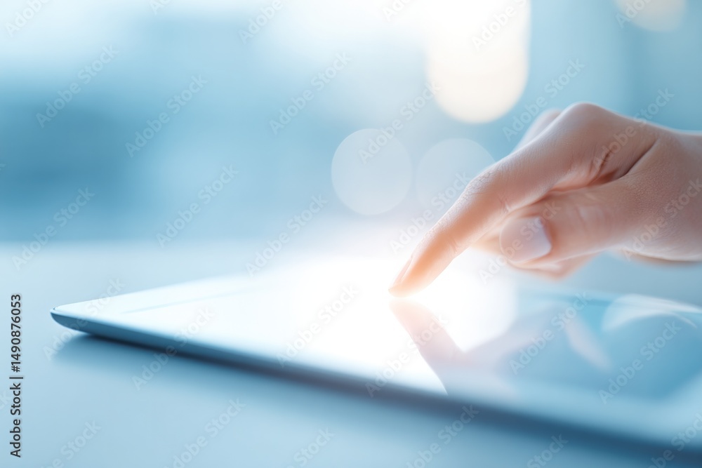 Poster close-up of hands interacting with digital presentation on tablet screen emphasizing cutting-edge te