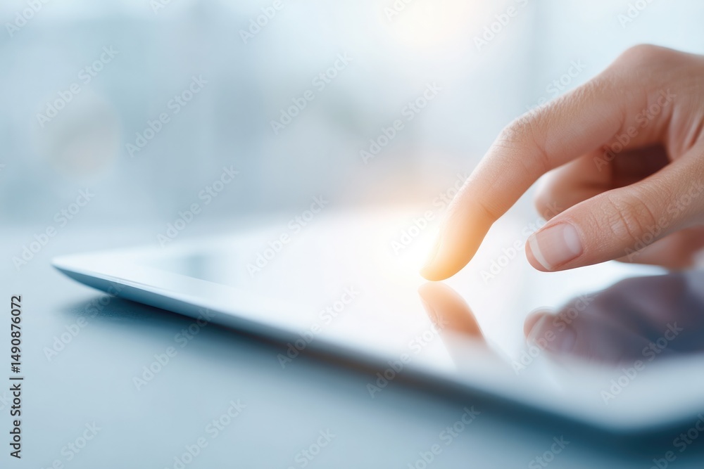 Poster close-up of hands interacting with digital presentation on tablet screen emphasizing cutting-edge te