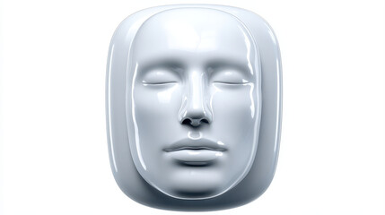 Futuristic, smooth, white face sculpture with closed eyes, representing blend of art and technology. This piece evokes sense of calm and serenity, showcasing modern design aesthetics