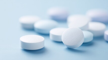 close-up of modern medications on minimalistic background scattered pills and tablets with ample copy space