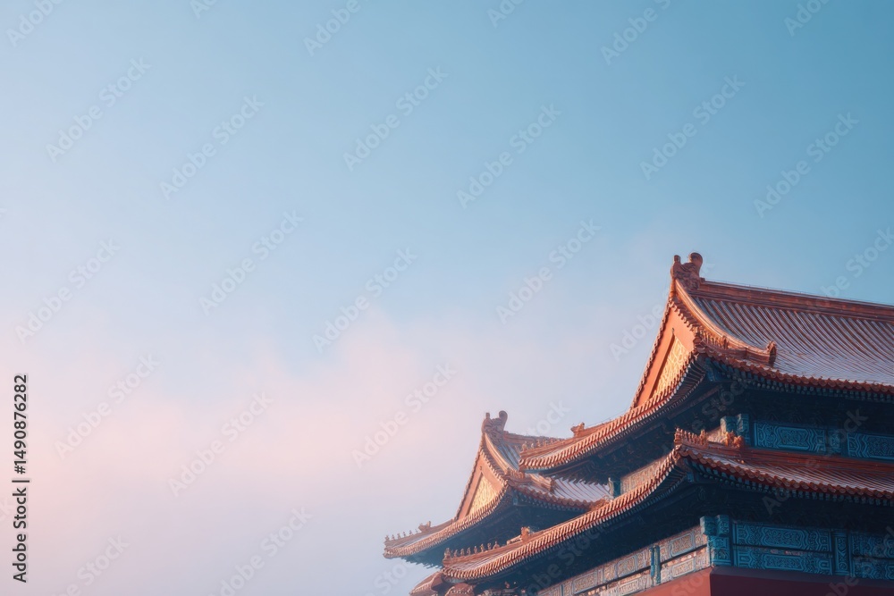 Poster close-up shot of asian architecture with intricate designs emphasizing minimalistic patterns and det
