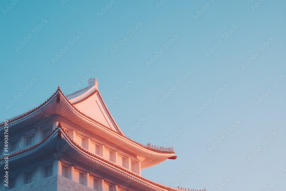 Poster close-up shot of asian architecture with intricate designs emphasizing minimalistic patterns and det