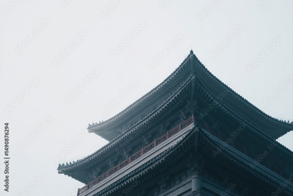 Poster close-up shot of asian architecture with intricate designs emphasizing minimalistic patterns and det
