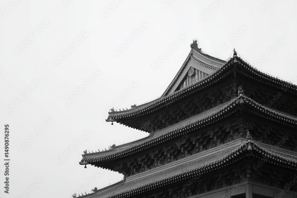 Poster close-up shot of asian architecture with intricate designs emphasizing minimalistic patterns and det