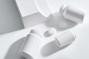 Fototapeta premium close-up of various modern pill bottles scattered over white background