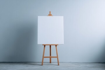 curate minimalistic photo of single blank canvas resting on small wooden easel in empty art gallery space