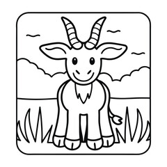 Cute Goat Cartoon: A charming cartoon of a happy goat. It's outlined with a thick black line and filled with a soft touch. The image captures the essence of joy.