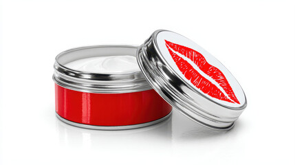Vibrant red lip balm container with silver lid, featuring playful kiss mark design on top. container is open, revealing smooth, creamy balm inside, evoking sense of fun and beauty