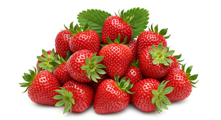 vibrant pile of fresh ripe strawberries with green leaves, water droplets on the skin, isolated on pure white background