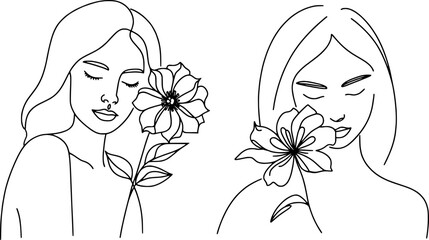 A single-line drawing of a beautiful woman adorned with flowers