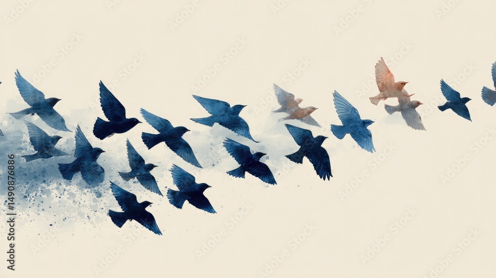 Poster illustration of birds in flight depicted in minimalistic style with generous copy space