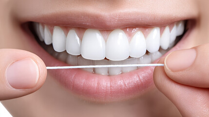 Person smiling brightly, showcasing their white teeth while holding dental floss between their fingers, emphasizes importance of oral hygiene and dental care