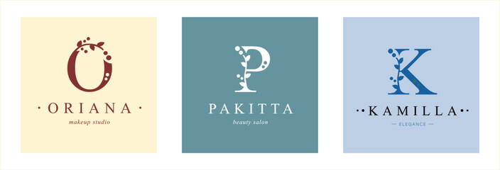 Logo O, capital letter P, K. Monogram of Botanical Minimalistic, Initial. with Organic Plant Elements. Vector design.