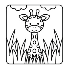 Whimsical Giraffe Illustration: A charming, outlined illustration features a friendly giraffe amidst tall grass and fluffy clouds, creating a simple yet engaging scene.