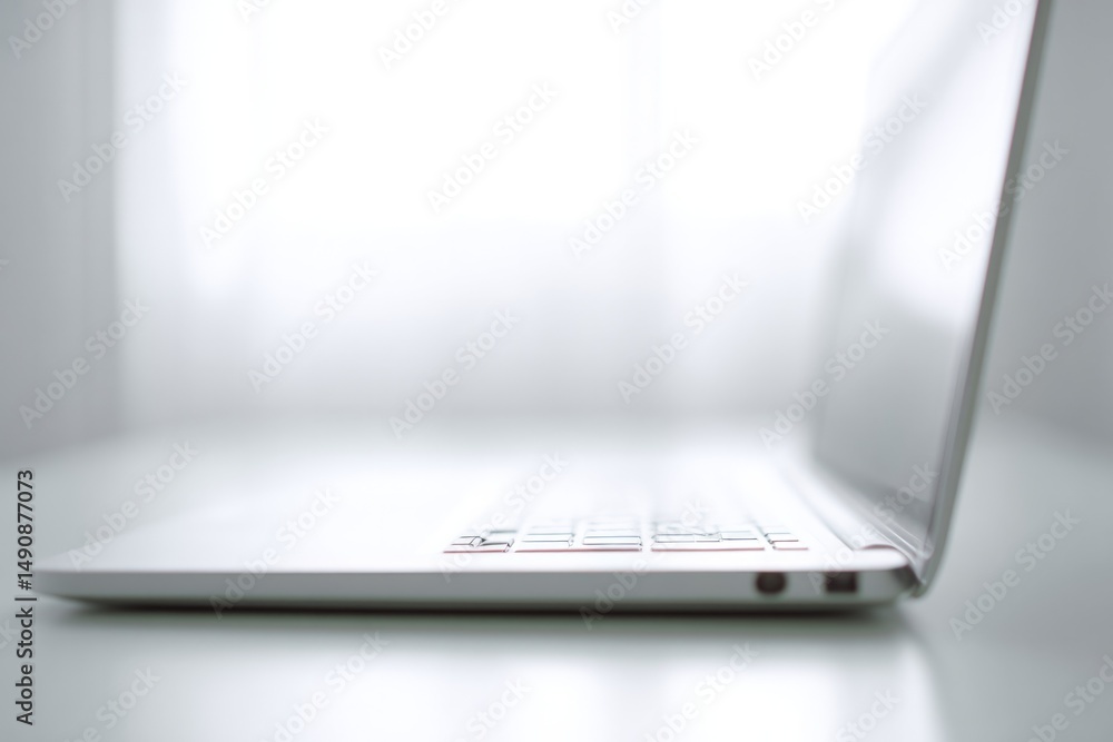 Poster laptop keyboard with soft focused light and clean lines on minimalist desk neutral background and su