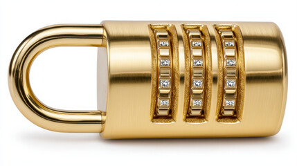 Shiny gold padlock with three combination dials and decorative elements, symbolizing security and protection. This elegant design showcases blend of functionality and style, perfect