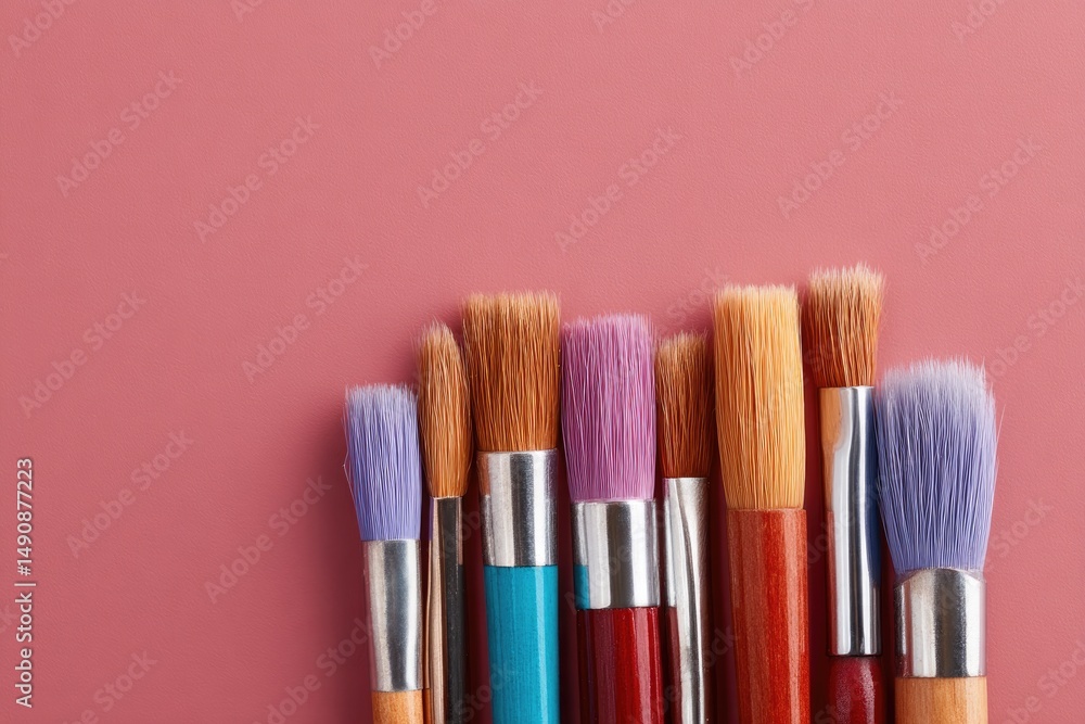 Poster minimalistic arrangement of artistic paintbrushes on solid color background ample copy space