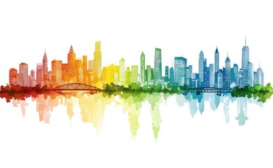 Obraz premium Colorful Cityscape Silhouette with Reflection, Skyscrapers and Bridge on White