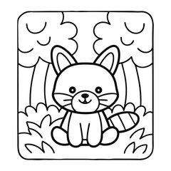 Cute Red Panda Coloring Page: A charming red panda illustration, perfect for kids to color. The cute panda sits in a forest setting with trees and grass.
