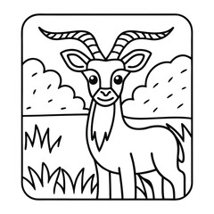 Cute Gazelle Coloring Page: This adorable and simplified illustration features a gazelle with curly horns, standing in a field of grass. Perfect for children's coloring books, educational materials.