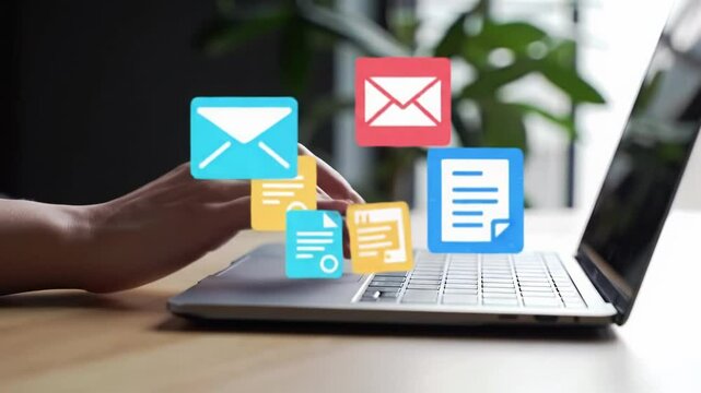 Hand types on a laptop with an email icon hovering in blue light.