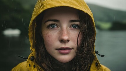 Person in Yellow Rain Poncho and Boots Standing Near Riverbank During Rainy Weather