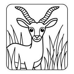 Elegant Antelope Illustration: A meticulously crafted illustration of a stately antelope, with prominent horns, gracefully positioned amidst tall grass, perfect for coloring and design projects.