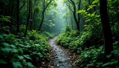Obraz premium Winding Trail Through Lush Jungle After Fresh Rainfall in Season