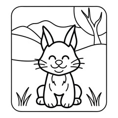 Joyful Hare in Cartoon Scene: A charming cartoon illustration of a cheerful hare, set against a serene outdoor backdrop