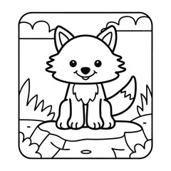 Cute Cartoon Wolf Pup: Adorable cartoon wolf pup sitting on a rock in a simple outlined illustration style, perfect for children's book, coloring pages, or educational materials. 