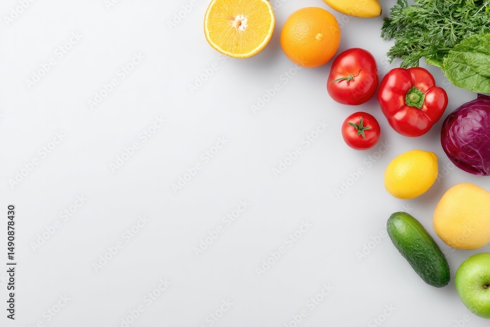 Poster showcase array of minimalistic healthy foods like vibrant fruits and vegetables on white background 