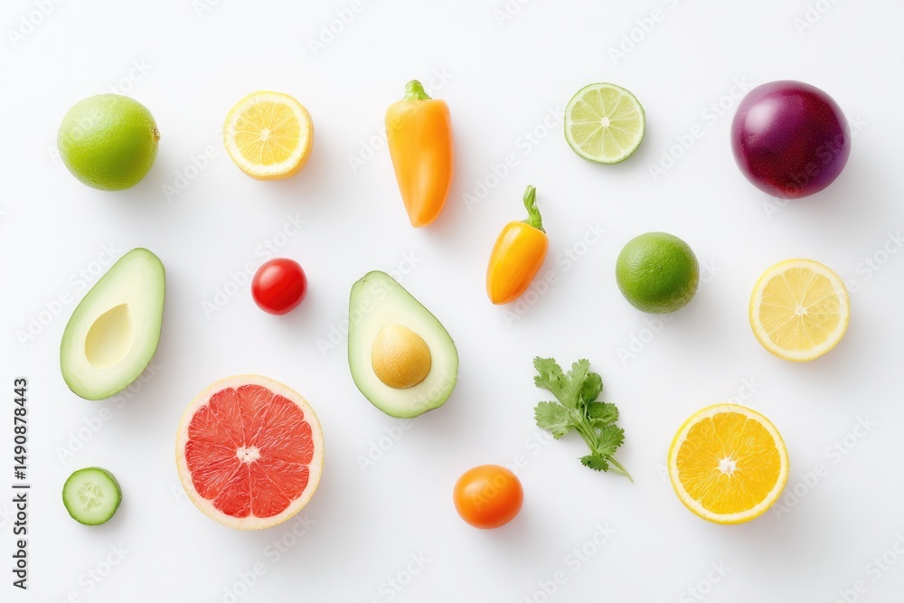 Poster showcase array of minimalistic healthy foods like vibrant fruits and vegetables on white background 