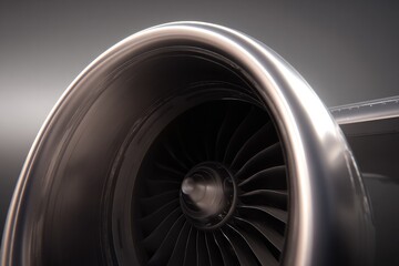 show close-up of modern aircraft engine capturing its intricate details and metallic hues against neutral backdrop