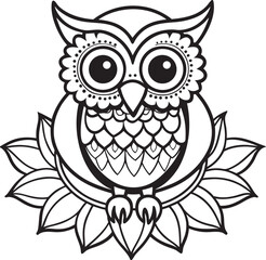 Mandala Owl Coloring Page Intricate Line Art on Branch for Adults