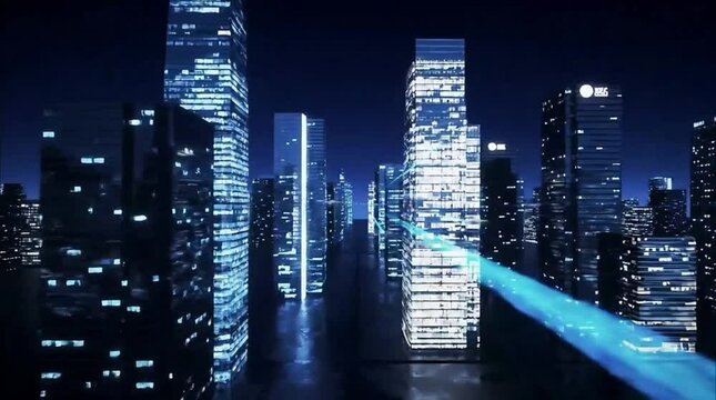 Digital Business District Night | Neon Lights Aerial View