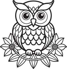 Mandala Owl Coloring Page Intricate Line Art on Branch for Adults