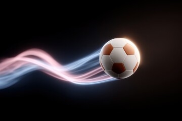 Naklejka premium Soccer ball in motion with streaks of light on a dark background. Speed concept.