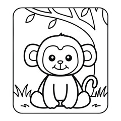Cute Monkey Illustration: An adorable cartoon monkey sits under a tree, perfect for children's books, coloring pages, or educational materials.
