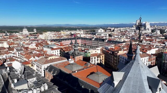 Plaza Mayor At Madrid Community Of Madrid Spain. Aerial View Of Lush Green Park And Surrounding Buildings. Metropolitan Skyline High Rise Building Beautiful. Metropolitan Architecture Business.