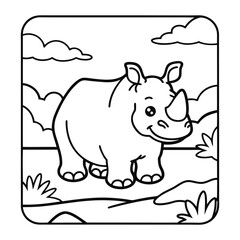 Smiling rhino in its nature setting: A cheerful rhinoceros stands boldly with his smiling face and big horn ready to explore the nature .