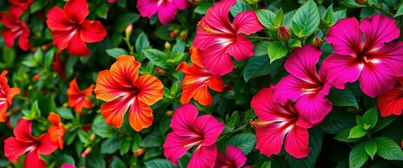 Vibrant hibiscus blooms in orange, red, purple, lush green foliage on a seamless green background, greenery, flowers