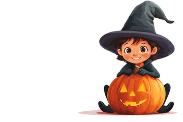Fototapeta premium A cheerful child dressed as a witch sits on a carved pumpkin, celebrating Halloween joyfully