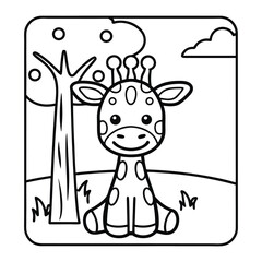 Adorable Baby Giraffe Coloring Page: A cute baby giraffe sits serenely near a tree in a simple, charming landscape, perfect for coloring.
