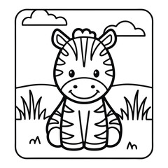 Cheerful Zebra Illustration: A charming, cartoon zebra smiling in a field with a background of fluffy clouds and grass, perfect for children's books, education or decoration.